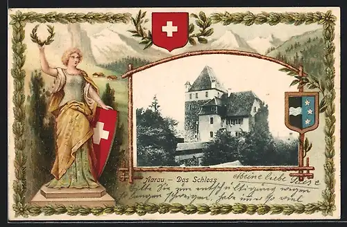 Passepartout-Lithographie Aarau, Schloss, Wappen, Helvetia mit Bergpanorama