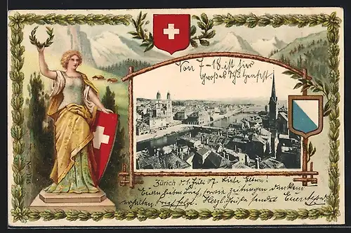 Passepartout-Lithographie Zürich, Teilansicht aus der Vogelschau, Wappen, Helvetia mit Lorbeerkranz