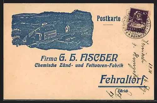 AK Fehraltorf, Zünd- und Fettwarenfabrik G. H. Fischer aus der Vogelschau, Bestellkarte
