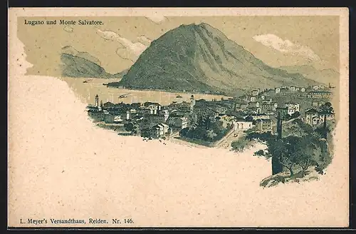 Lithographie Lugano, Totalansicht mit Monte Salvatore