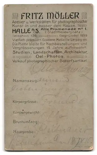 Fotografie Fritz Möller, Halle / Saale, Hallenser Student Otto Schwarz im Anzug mit Couleuer und Zipfel, 1910