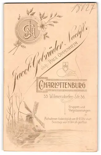 Fotografie Jacob Gebrüder Nachf., Berlin-Charlottenburg, Wilmersdorfer-Str. 56, Windmühle im See, Monogramm des Fotograf