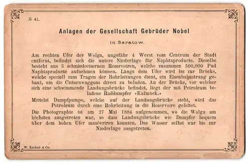 Fotografie W. Koehne & Co., Ansicht Saratow, Anlagen der Naptha Gesellschaft Gebr. Nobel Branobel Raddampfer Kalmück