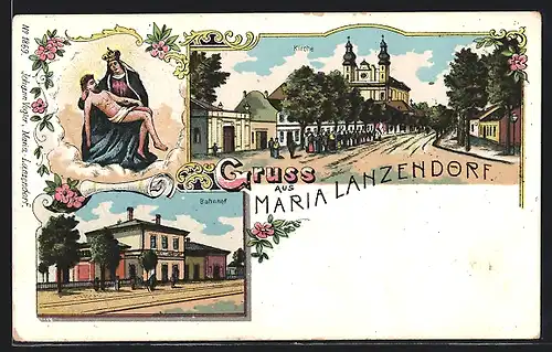 Lithographie Maria Lanzendorf, Bahnhof, Kirche, Gnadenbild