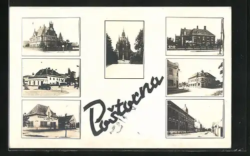 AK Postorná, Ortspartie, Blick zur Kirche und auf verschiedene Gebäude
