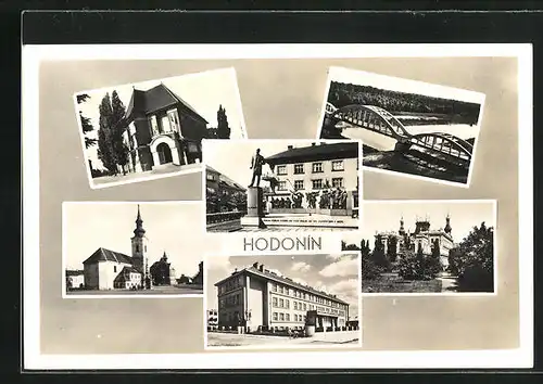 AK Göding / Hodonin, Ortspartie mit Kirche, Brücke und Denkmal