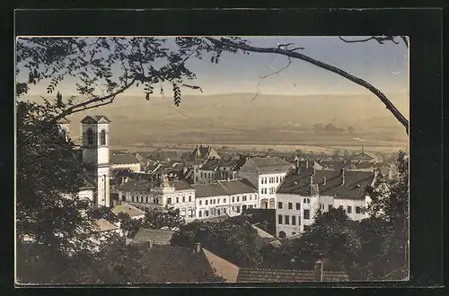 AK Bucovice, Panorama vom Hügel gesehen