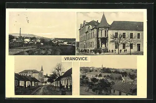 AK Vranovice, Strassenpartie mit Blick zur Schule, Kirche, Perspektive aus der Vogelschau
