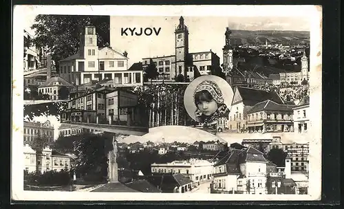 AK Kyjov, Gebäudeansicht, Mädchen in Tracht, Denkmal