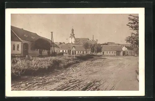 AK Hodonice, Ortsansicht mit Kirche