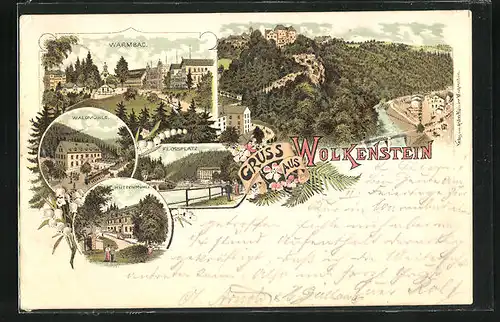 Vorläufer-Lithographie Wolkenstein, 1895, Gasthaus Waldmühle, Hüttenmühle, Warmbad