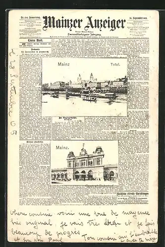 Zeitungs-AK Mainz, Mainzer Anzeiger, Ausgabe No. 250 vom 26. September 1901, Titelseite