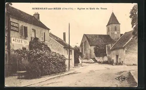 AK Mirebeau-sur-Bèze, Église et Café du Tram