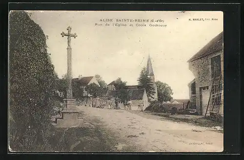 AK Alise-Sainte-Reine, Rue de l`Église et Croix Gothique