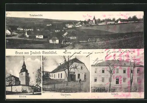 AK Deutsch Giesshübel, Gasthaus, Kirche, Schule