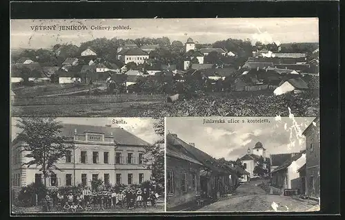 AK Vetrny Jenikov, Celkovy pohled, Skola, Jihlavska ulice s kostelem