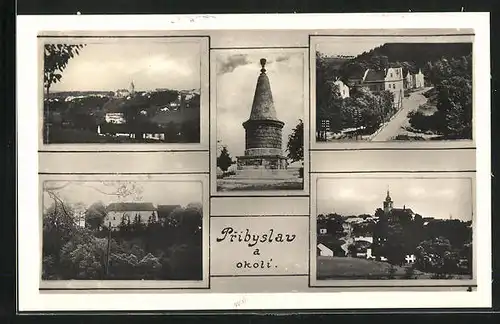 AK Pribyslav a okoli, Teilansicht, Denkmal, Ortspartie