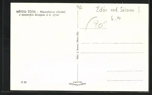 AK Mesto Zdár, Masarykovo námestí a morovým sloupem z r. 1710, Denkmal