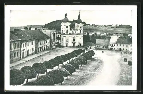 AK Bistritz ob Pernstein / Bystrice nad Pernstejnem, Ortsansicht mit Kirche