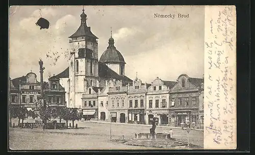 AK Nemecky Brod, Geschäfte, Brunnen und Mariensäule am Marktplatz