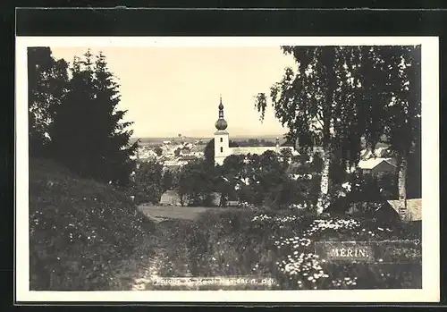 AK Merin, Sommerwiese mit Blick zur Kirche