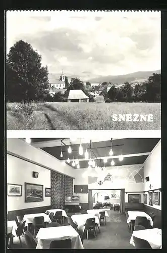 AK Snezne, Blick auf den Ort und das Interieur des Hotels Jednota