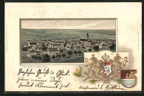 Passepartout-Lithographie Obergünzburg, Totalansicht und Wappen