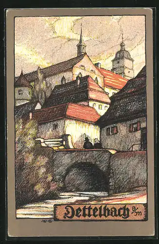 Steindruck-AK Dettelbach a. M., Teilansicht des Weinortes mit Brücke