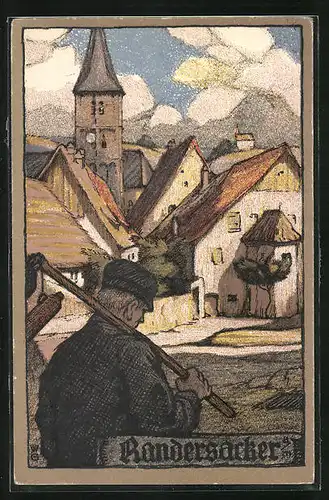 Steindruck-AK Randersacker a. M., Bauer auf dem Heimweg, Blick zur Kirche