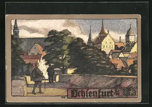 Steindruck-AK Ochsenfurt a. M., Teilansicht von der Brücke aus