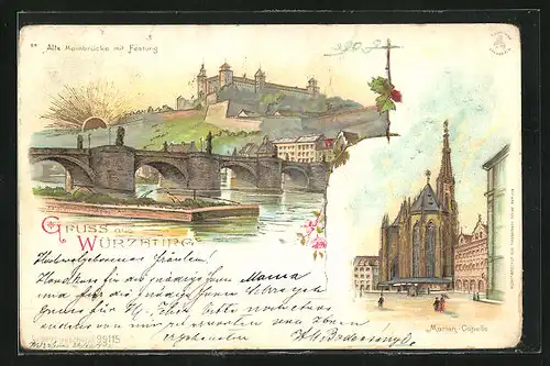 Sonnenschein-AK Würzburg, alte Mainbrücke mit Festung, Marienkapelle