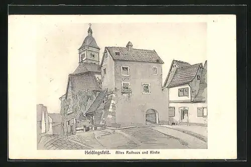Künstler-AK Heidingsfeld, altes Rathaus und Kirche