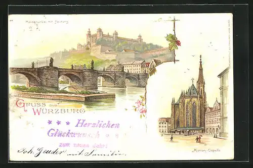 Lithographie Würzburg, Mainbrücke mit Festung, Marien-Capelle, Neujahrsgruss