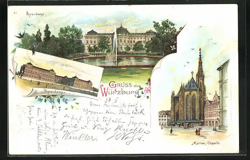 Lithographie Würzburg, Residenz mit Fontäne, Marien-Capelle