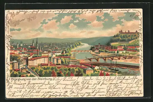 Lithographie Würzburg, Teilansicht von der Steinburg aus gesehen