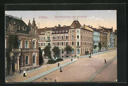 AK Zittau, Bahnhofstrasse mit Postamt