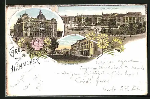 Lithographie Hannover, Kaiserliches Postamt mit Passanten, Ernst-August-Platz mit Park, Lyceum Realschule