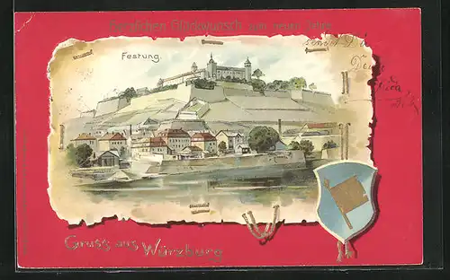 Präge-Passepartout-Lithographie Würzburg, Festung mit Wappen, Neujahrsgruss