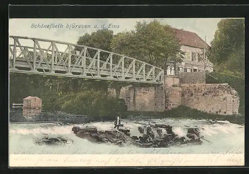AK Greven, Schöneflieth, Ortspartie mit Brücke