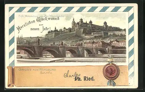 Künstler-AK Würzburg, Festung Marienberg mit alter Mainbrücke
