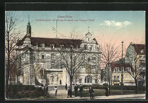AK Essen / Ruhr, Limbeckerplatz mit Krupp-Denkmal und Krupp's Hotel