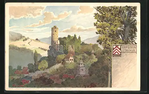 Lithographie Eppstein / Taunus, Blick zur Burg