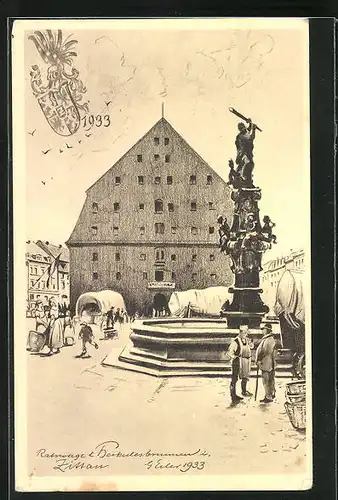 AK Zittau, Ratswaage, Herkulesbrunnen, Lastkutschen