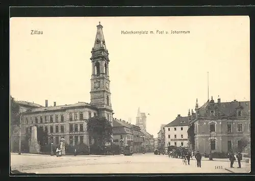 AK Zittau, Haberkornplatz mit Post und Johanneum