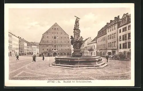 AK Zittau, Neustadt mit Herkulesbrunnen
