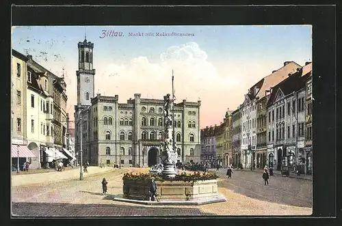 AK Zittau, Markt mit Rolandbrunnen bei Dämmerung