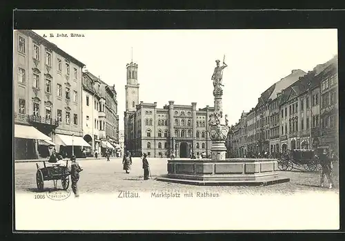 AK Zittau, Bürger auf dem Marktplatz, Rathaus