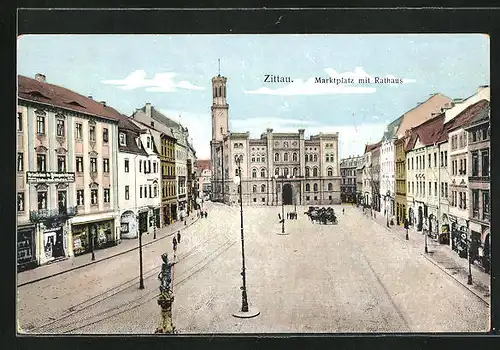 AK Zittau, Marktplatz und Rathaus bei Sonnenschein