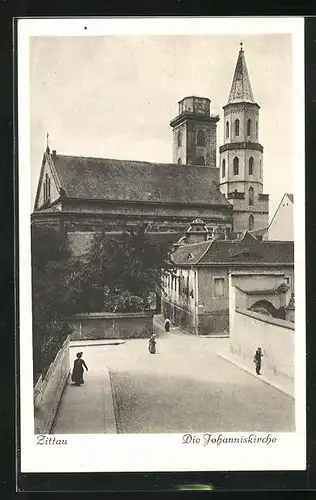 AK Zittau, Strassenpartie mit Johanniskirche