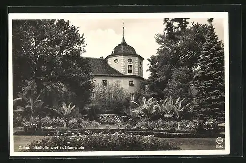 AK Zittau, Stadtgärtnerei mit Blumenuhr